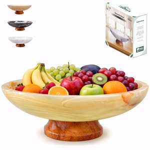 11" large decorative bowl, marble bowl with wood pedestal, decorative bowls for home decor, large fruit bowl for kitchen counter, dining table centerpiece decor, key bowl for entryway table - Onyx