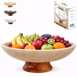 11" large decorative bowl, marble bowl with wood pedestal, decorative bowls for home decor, large fruit bowl for kitchen counter, dining table centerpiece decor, key bowl for entryway table - Travertine