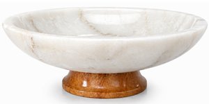 11" large decorative bowl, marble bowl with wood pedestal, decorative bowls for home decor, large fruit bowl for kitchen counter, dining table centerpiece decor, key bowl for entryway table - White