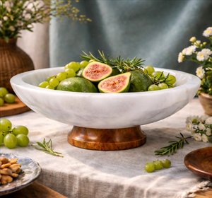Marble Pedestal Fruit Bowl for Kitchen Counter, Large White Decorative Bowl, Dining Table Centerpiece and Key Bowl, 11 Inch Stone Bowl thumbnail 2