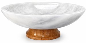 11" large decorative bowl, marble bowl with wood pedestal, decorative bowls for home decor, large fruit bowl for kitchen counter, dining table centerpiece decor, key bowl for entryway table - White