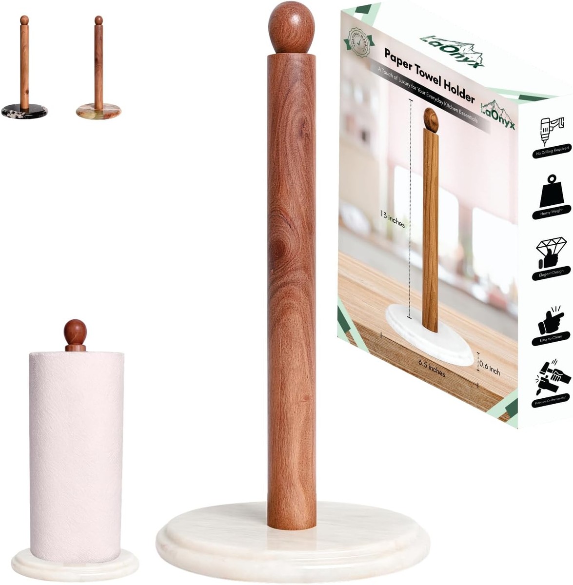 White Marble Paper Towel Holder Countertop with Acacia Wood Rod and Weighted Base, Kitchen Paper Towel Roll Holder - View 6