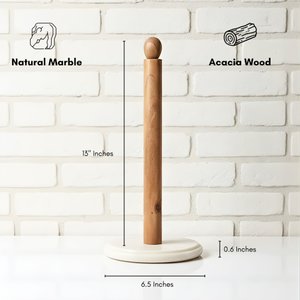 White Marble Paper Towel Holder Countertop with Acacia Wood Rod and Weighted Base, Kitchen Paper Towel Roll Holder thumbnail 4