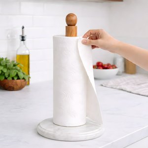 White Marble Paper Towel Holder Countertop with Acacia Wood Rod and Weighted Base, Kitchen Paper Towel Roll Holder thumbnail 3