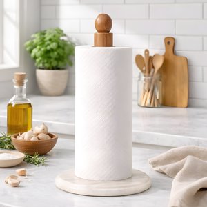 White Marble Paper Towel Holder Countertop with Acacia Wood Rod and Weighted Base, Kitchen Paper Towel Roll Holder thumbnail 2