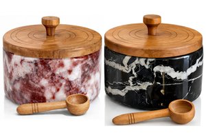 Salt and pepper set, Marble salt cellar with lid and spoon, Salt container, Salt holder with lid, Handcrafted Salt and pepper containers for countertop, Salt and pepper shakers set of 2 - Black Red