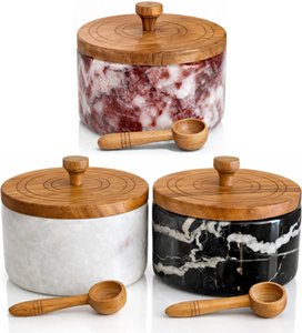 Salt and pepper set, Marble salt cellar with lid and spoon, Salt container, Salt holder with lid, Handcrafted Salt and pepper containers for countertop, Salt and pepper shakers set of 2 - Black, White & Red