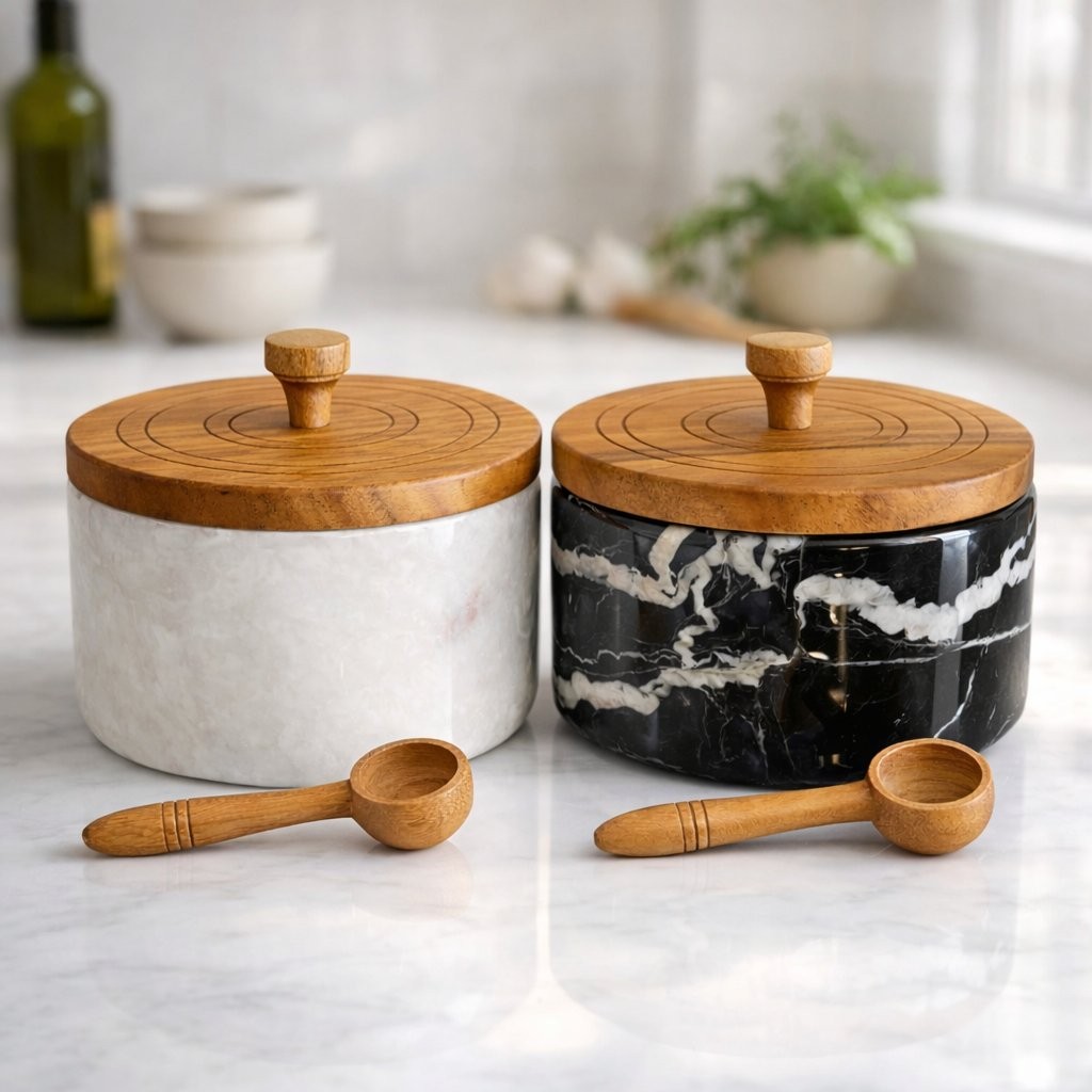 Marble Salt and Pepper Cellar Set with Lids and Spoons, 2 Salt Containers and Salt Holders with Wooden Lids for Kitchen Countertop - View 2