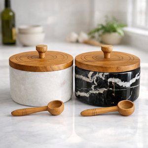 Marble Salt and Pepper Cellar Set with Lids and Spoons, 2 Salt Containers and Salt Holders with Wooden Lids for Kitchen Countertop thumbnail 2