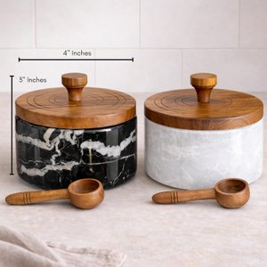 Marble Salt and Pepper Cellar Set with Lids and Spoons, 2 Salt Containers and Salt Holders with Wooden Lids for Kitchen Countertop thumbnail 3