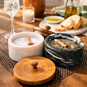 Marble Salt and Pepper Cellar Set with Lids and Spoons, 2 Salt Containers and Salt Holders with Wooden Lids for Kitchen Countertop thumbnail 5