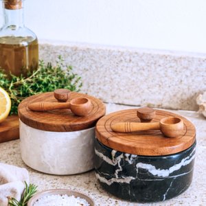 Marble Salt and Pepper Cellar Set with Lids and Spoons, 2 Salt Containers and Salt Holders with Wooden Lids for Kitchen Countertop thumbnail 8