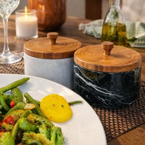 Marble Salt and Pepper Cellar Set with Lids and Spoons, 2 Salt Containers and Salt Holders with Wooden Lids for Kitchen Countertop thumbnail 6