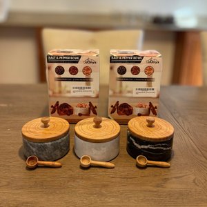 Marble Salt and Pepper Cellar Set with Lids and Spoons, 2 Salt Containers and Salt Holders with Wooden Lids for Kitchen Countertop thumbnail 4