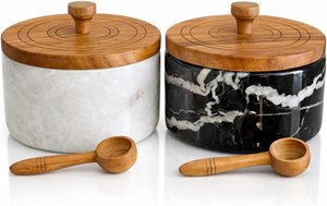 Salt and pepper set, Marble salt cellar with lid and spoon, Salt container, Salt holder with lid, Handcrafted Salt and pepper containers for countertop, Salt and pepper shakers set of 2 - Black White