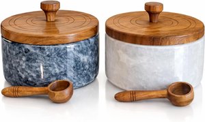 Salt and pepper set, Marble salt cellar with lid and spoon, Salt container, Salt holder with lid, Handcrafted Salt and pepper containers for countertop, Salt and pepper shakers set of 2 - Grey White