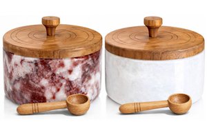 Salt and pepper set, Marble salt cellar with lid and spoon, Salt container, Salt holder with lid, Handcrafted Salt and pepper containers for countertop, Salt and pepper shakers set of 2 - Red White
