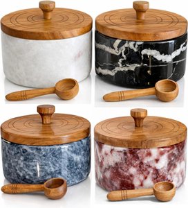Salt and pepper set, Marble salt cellar with lid and spoon, Salt container, Salt holder with lid, Handcrafted Salt and pepper containers for countertop, Salt and pepper shakers set of 2 - White, Black, Grey & Red