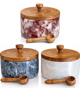 Salt and pepper set, Marble salt cellar with lid and spoon, Salt container, Salt holder with lid, Handcrafted Salt and pepper containers for countertop, Salt and pepper shakers set of 2 - White, Grey & Red