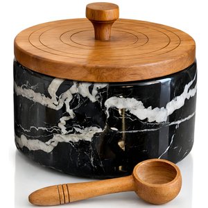 Marble salt cellar with lid and spoon, salt container with spoon, salt bowl with acacia wood lid, salt holder for countertop, salt jar - Black