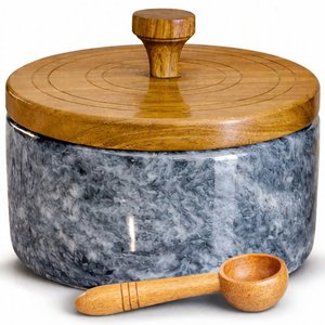 Marble salt cellar with lid and spoon, salt container with spoon, salt bowl with acacia wood lid, salt holder for countertop, salt jar - Grey