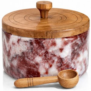 Marble salt cellar with lid and spoon, salt container with spoon, salt bowl with acacia wood lid, salt holder for countertop, salt jar - Red