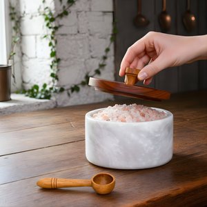 Marble Salt Cellar with Lid and Spoon, Salt Container, Salt Holder, Salt Jar and Salt Pig with Wooden Lid for Kitchen Countertop thumbnail 5