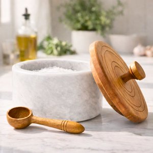 Marble Salt Cellar with Lid and Spoon, Salt Container, Salt Holder, Salt Jar and Salt Pig with Wooden Lid for Kitchen Countertop thumbnail 6