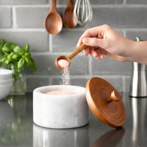 Marble Salt Cellar with Lid and Spoon, Salt Container, Salt Holder, Salt Jar and Salt Pig with Wooden Lid for Kitchen Countertop thumbnail 4