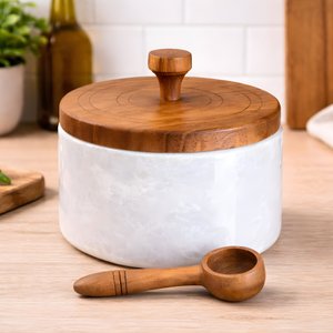 Marble Salt Cellar with Lid and Spoon, Salt Container, Salt Holder, Salt Jar and Salt Pig with Wooden Lid for Kitchen Countertop thumbnail 9