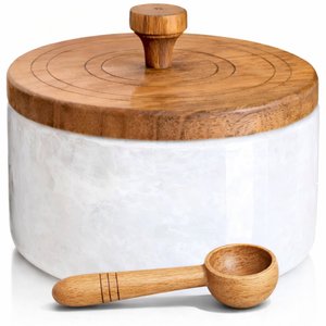 Marble salt cellar with lid and spoon, salt container with spoon, salt bowl with acacia wood lid, salt holder for countertop, salt jar - White